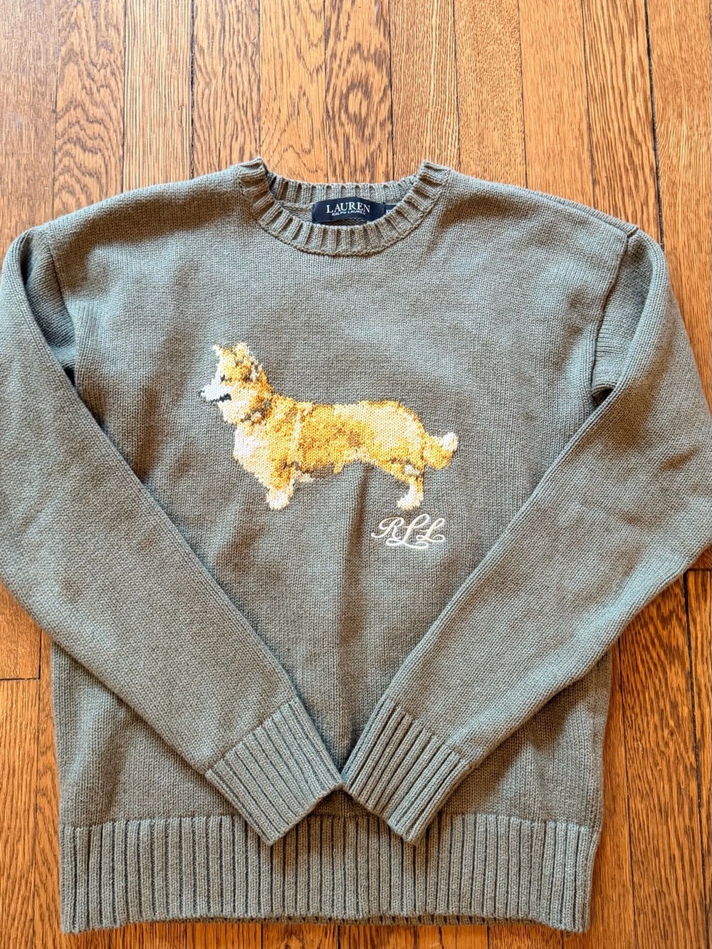 Ralph Lauren Olive Crewneck Sweater with Corgi Intarsia